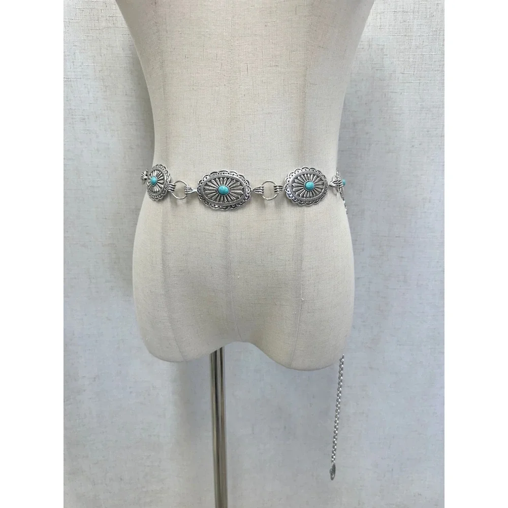 Unbranded Silver Turquoise Concho Chain Belt Womens OS Western‎ Boho Festival